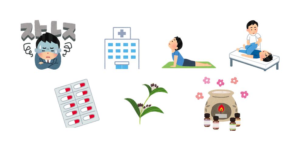心身のケア、整体、ヨガ、アロマ、薬、病院、など、